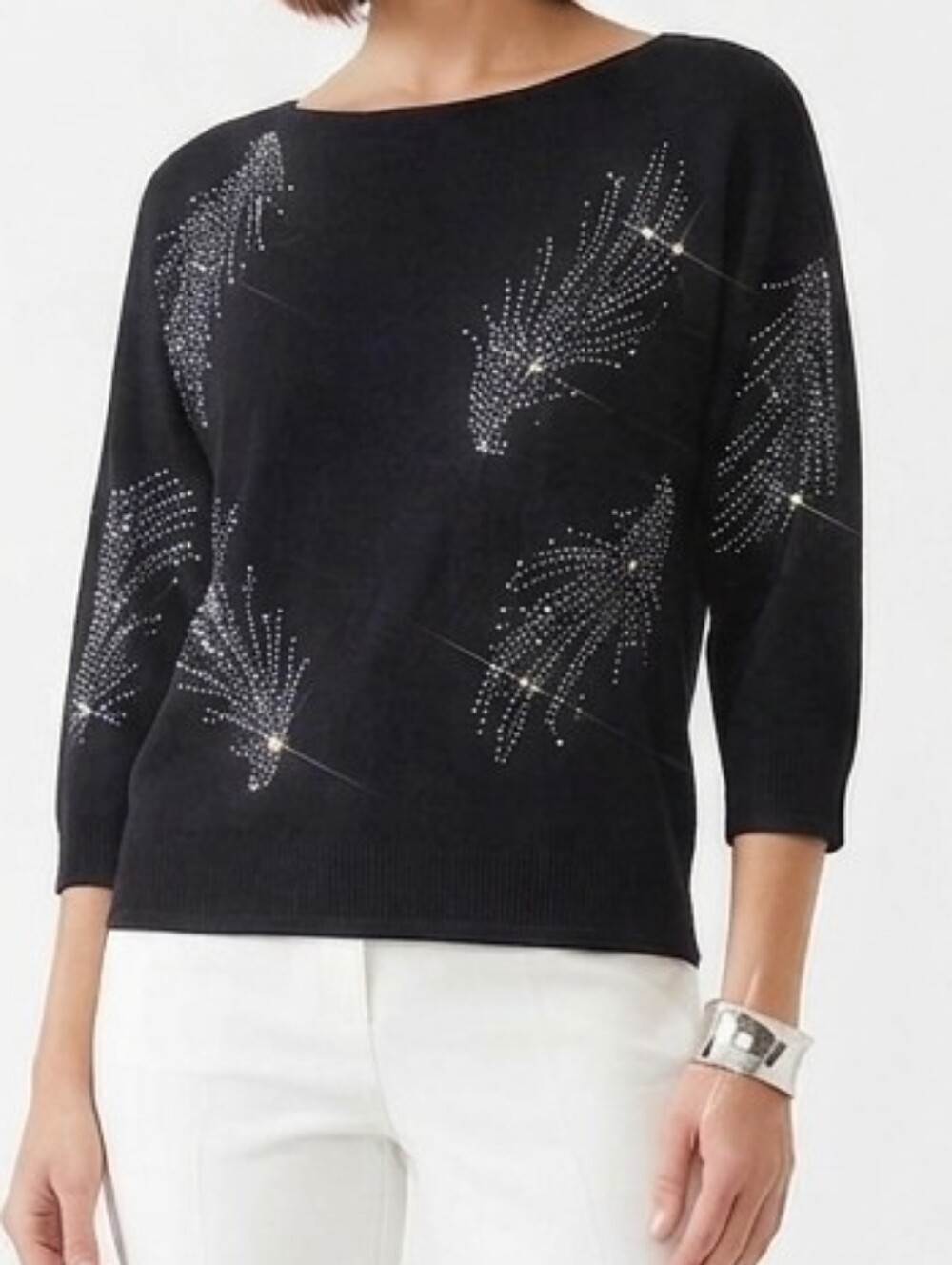 Black Crystal-Embellished Scoop Neck Sweater